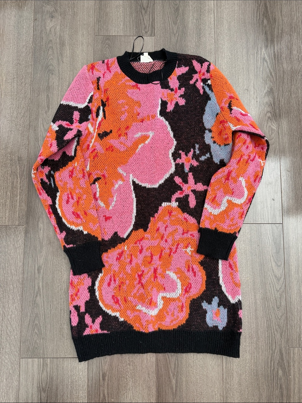 Bold Floral Knit Sweater Dress - Pink & Orange